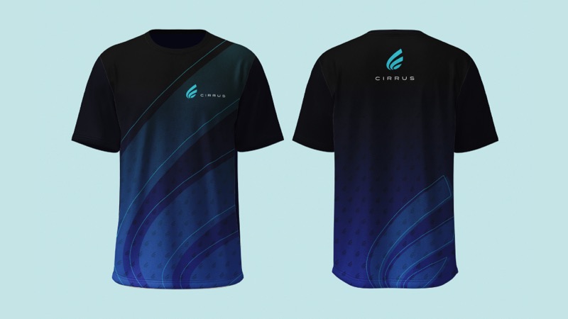 Black event t-shirts with a blue gradient Cirrus design.