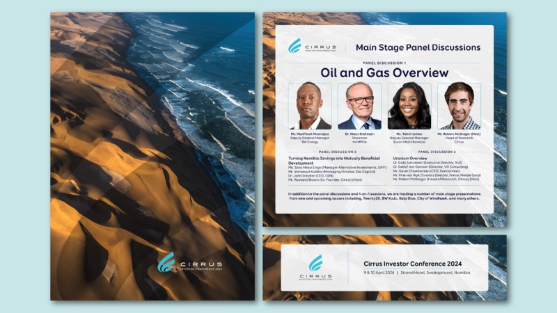 Cirrus Investor Conference 2024 collateral: a programme cover showing an aerial coastline, a main stage panel programme, and an event banner.
