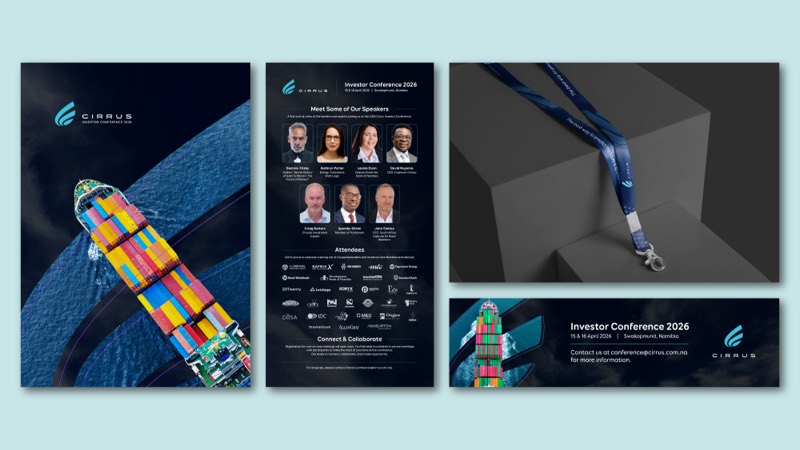 Cirrus Investor Conference 2026 collateral: a poster with an aerial container ship, a speaker and attendee programme, a branded lanyard, and a banner.