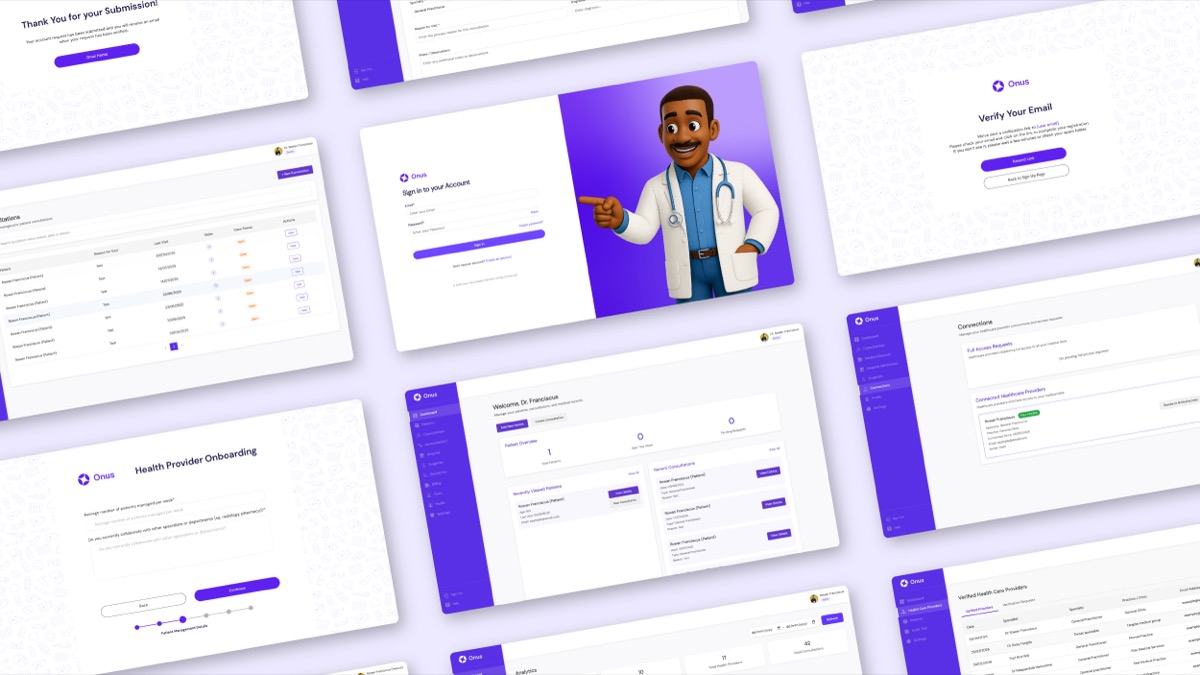 Onus interface screens for patients, providers and administrators arranged around an illustrated doctor.