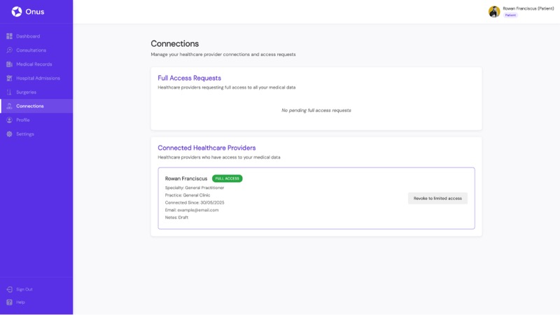 The connections screen where a patient manages which providers can access their record.