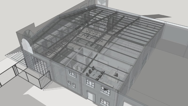 A cutaway 3D model showing the roof structure over the retail space.