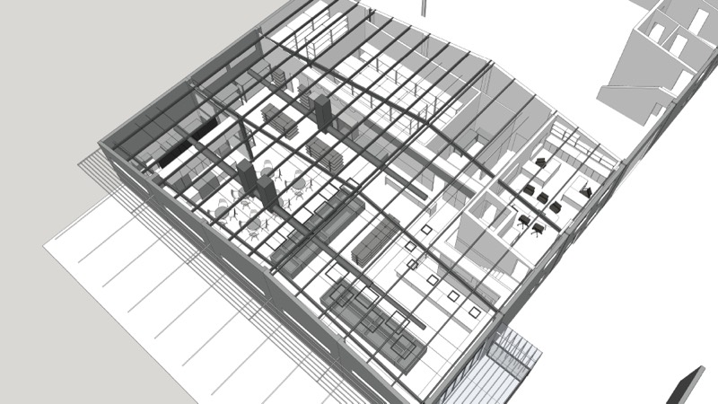 A 3D plan view of the building with the internal layout set out.