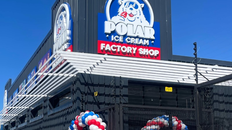 The finished Polar Ice Cream Factory Shop sign above the entrance.
